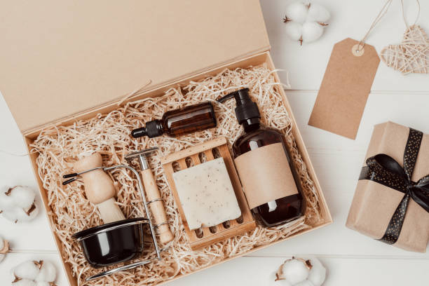 Luxurious men's grooming gift box with a safety razor, brush, and organic soap.