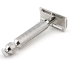 Classic stainless steel safety razor with textured grip.