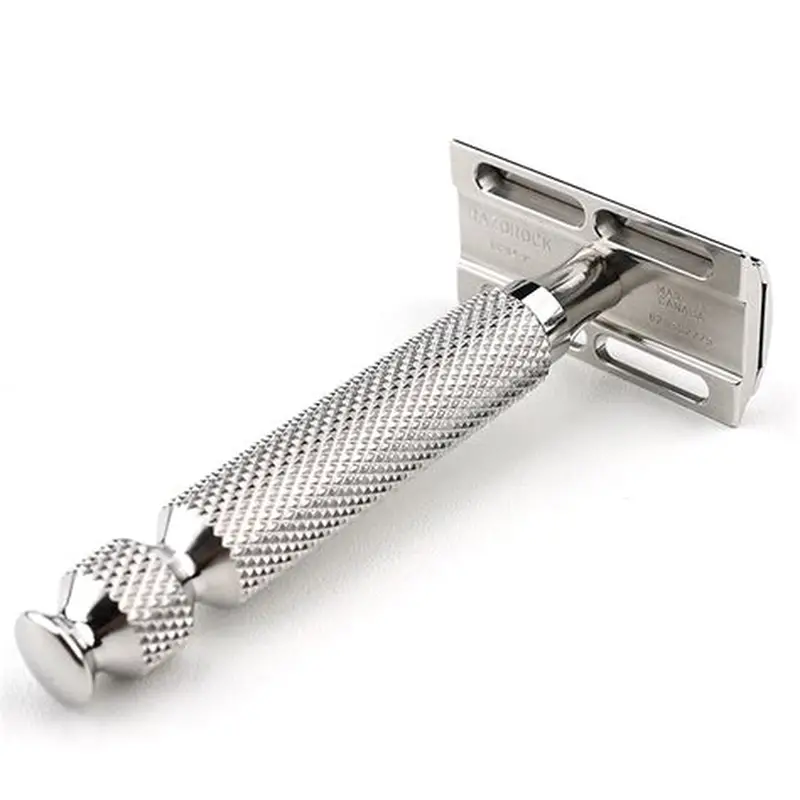 Classic stainless steel safety razor with textured grip.